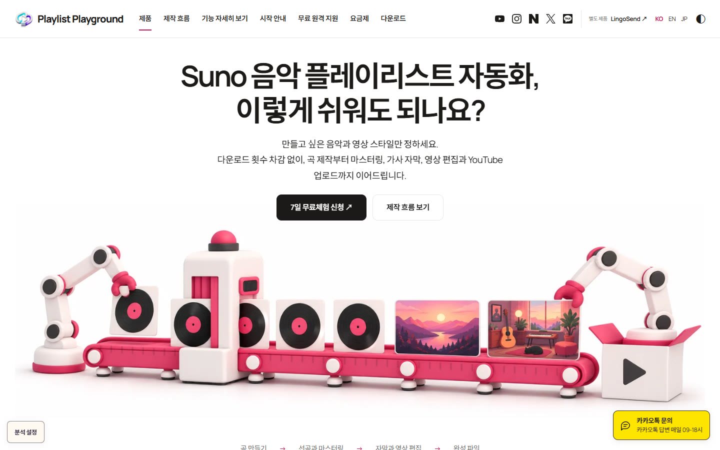 Playlist Playground 공식 사이트 첫 화면. 큰 제목과 7일 무료체험 신청 버튼, 음반이 영상으로 바뀌는 컨베이어 그림.