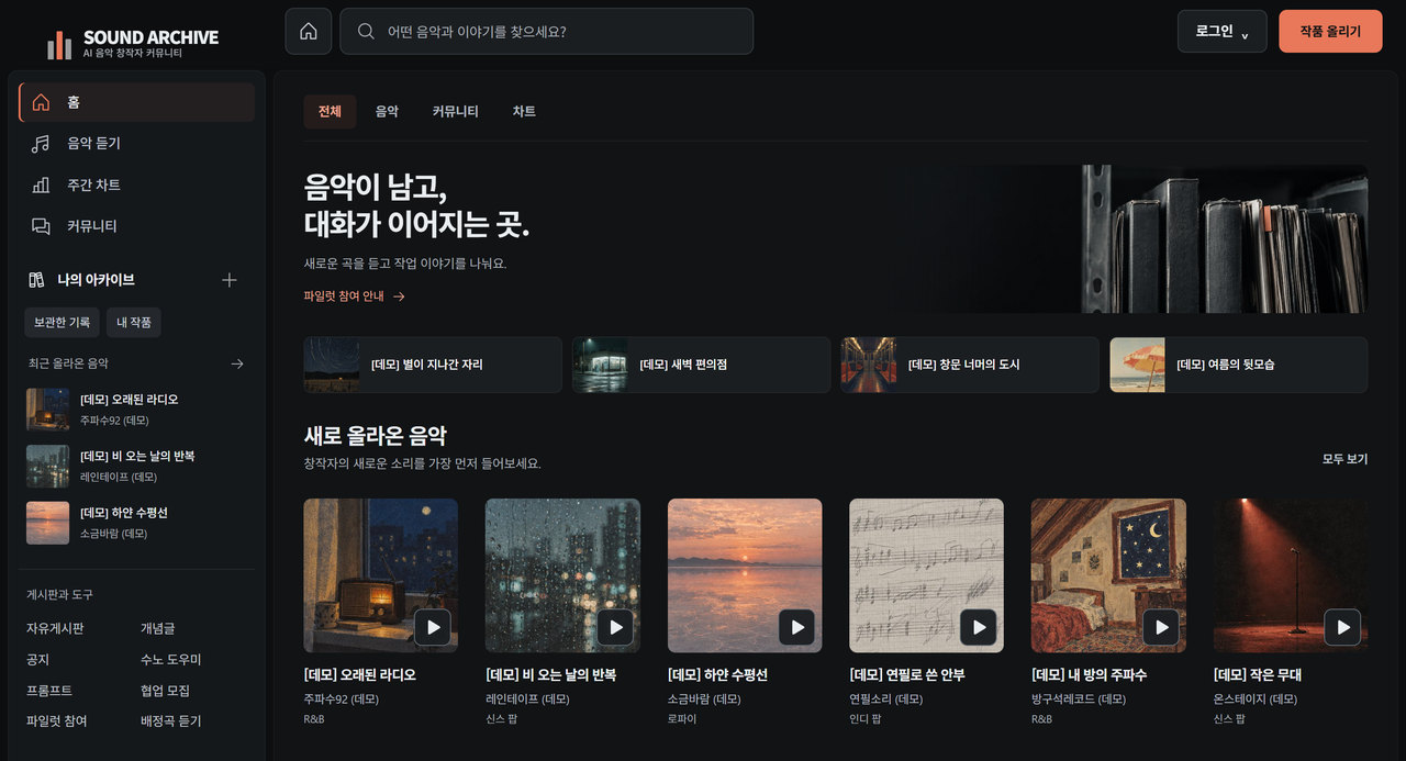 Sound Archive 첫 화면. 왼쪽에 홈, 음악 듣기, 주간 차트, 커뮤니티 메뉴, 가운데에 음악이 남고, 대화가 이어지는 곳이라는 제목과 새로 올라온 음악 목록.